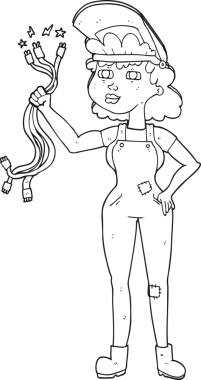 Bir insan tarafından çizilmiş siyah beyaz karikatür elektrikçisi kadın.