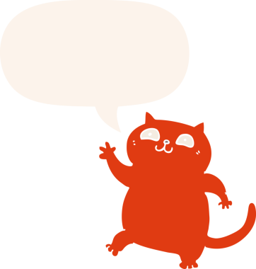 Konuşma baloncuğu olan çizgi film kedisi insan tarafından çizilmiş.