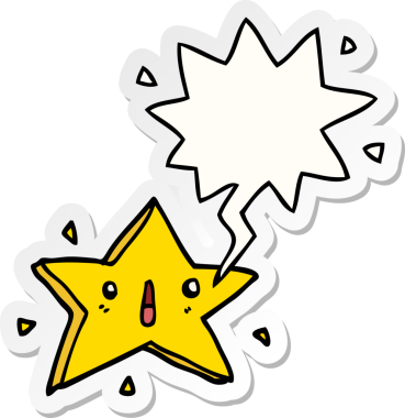 Bir insan tarafından çizilmiş konuşma kabarcığı çıkartmalı sevimli çizgi film yıldızı.