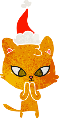 Bir insan tarafından çizilmiş Noel Baba şapkası takan bir kedinin eski çizgi filmi.