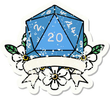 Bir insan tarafından çekilen 20 kritik vuruşluk D20 zar atımının grunge çıkartması.