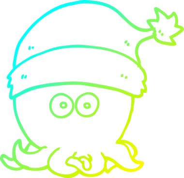 Bir insan tarafından çizilmiş noel şapkası giyen bir ahtapotun soğuk gradyan çizimi.