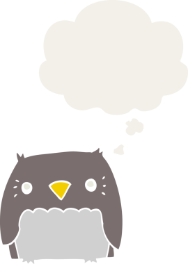 Bir insan tarafından çizilmiş düşünce baloncuğu olan sevimli çizgi film baykuşu.