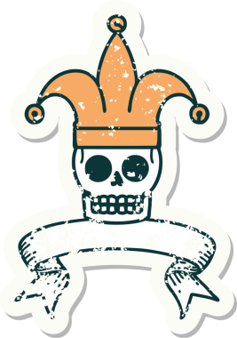 Bir insan tarafından çizilmiş eski bir kafatası soytarısı etiketi.