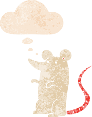 Düşünce baloncuğu ve grunge ile çizgi film faresi bir insan tarafından çizilmiş sıkıntılı retro dokuma tarzı