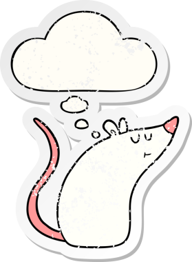 Düşünce baloncuğu olan beyaz çizgi film faresi insan tarafından çizilmiş yıpranmış bir çıkartma.