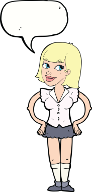 Bir insan tarafından çizilmiş konuşma balonlu elleri olan çizgi film kadını.