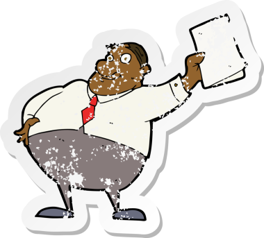 Bir insan tarafından çizilmiş kağıtları sallayan bir karikatür patronunun gerilimli çıkartması.