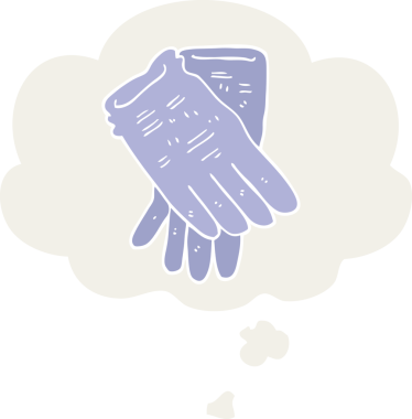 Karikatür bahçe eldivenleri. Düşünce baloncuğu insan tarafından çizilmiş.