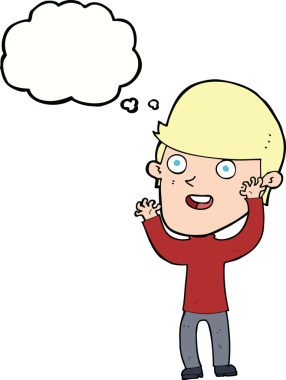 Bir insan tarafından çizilmiş düşünce balonlu mutlu adam çizgi filmi.