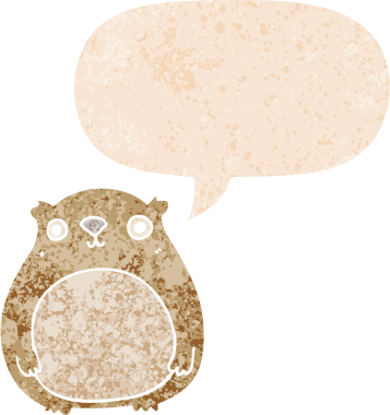 Bir insan tarafından çizilmiş grunge sıkıntılı retro biçimli konuşma balonu ile çizgi film ayısı