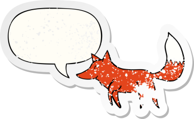 Konuşma baloncuğu olan karikatür kurdu, bir insan tarafından çizilmiş, kederli, eski bir çıkartma.