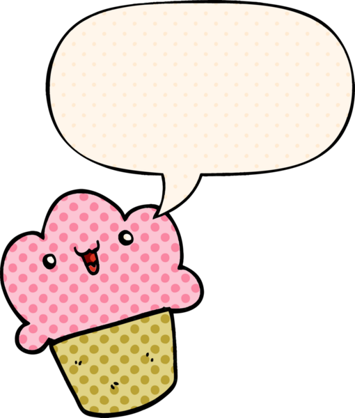 Bir insan tarafından çizilmiş, yüzünde konuşma balonu olan çizgi roman tarzı bir kek.