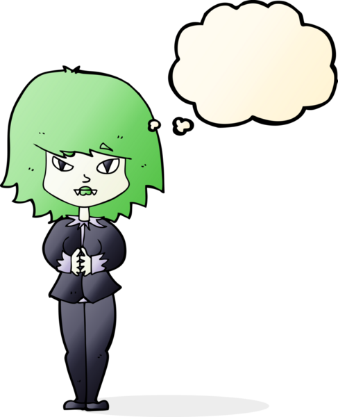 Bir insan tarafından çizilmiş düşünce balonlu vampir kadın çizgi filmi.