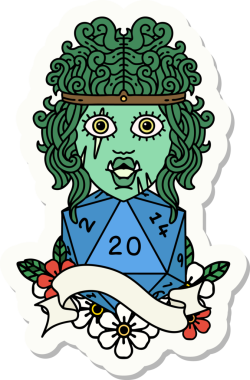 Bir insan tarafından çizilmiş 20 zarlı yarı ork barbar bir karakterin çıkartması.