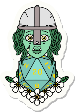 Bir insan tarafından çizilmiş 20 zarlı yarı ork savaşçı karakterinin çıkartması.