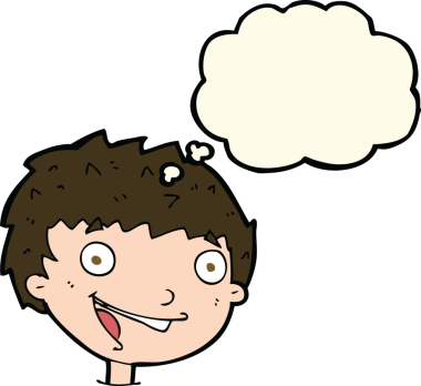 Bir insan tarafından çizilmiş düşünce balonlu gülen çocuk.