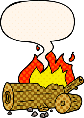 Bir insan tarafından çizilmiş çizgi roman tarzında konuşma baloncuğu olan çizgi film kamp ateşi.