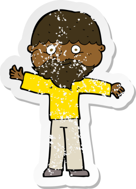 Bir insan tarafından çizilmiş sakallı, mutlu bir adamın karikatür yapıştırması.