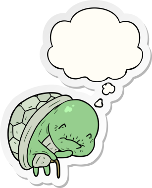 Bir insan tarafından çizilmiş bir çıkartma olarak düşünce baloncuğu olan sevimli yaşlı kaplumbağa.