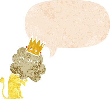 Bir insan tarafından çizilmiş, grunge 'da konuşma baloncuğu olan karikatür aslanı.