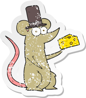 Bir insan tarafından çizilmiş peynirli çizgi film faresinin gerilimli retro yapıştırması