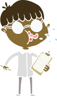 Düz renkli çizgi film karakteri, bir insan tarafından çizilmiş pano ile gözlük takıyor.