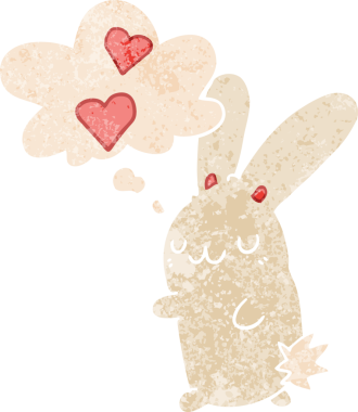 Düşünce baloncuğuna aşık çizgi film tavşanı bir insan tarafından çizilmiş dertli retro tarzı