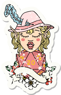 Bir insan tarafından çizilmiş doğal yirmilik bir elf ozan karakterinin grunge çıkartması.