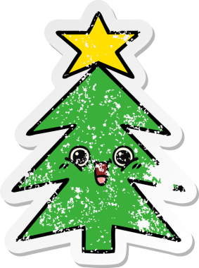 Bir insan tarafından çizilmiş şirin bir karikatür Noel ağacının sıkıntılı çıkartması.