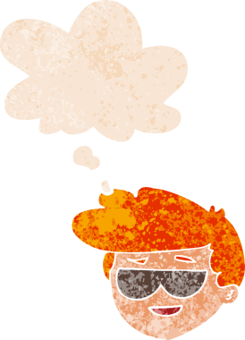 Düşünce baloncuklu güneş gözlüğü takan çizgi film çocuğu bir insan tarafından çizilmiş dertli retro stili.