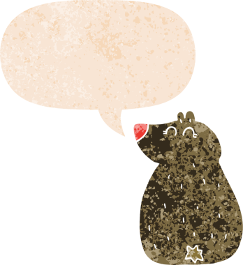 Bir insan tarafından çizilmiş grunge sıkıntılı retro biçimli konuşma baloncuğu ile sevimli çizgi film ayısı