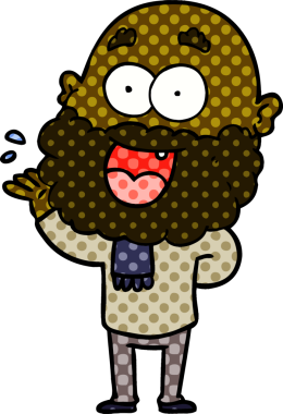 Çizgi film delisi, sakallı mutlu adam bir insan tarafından çizilmiş.