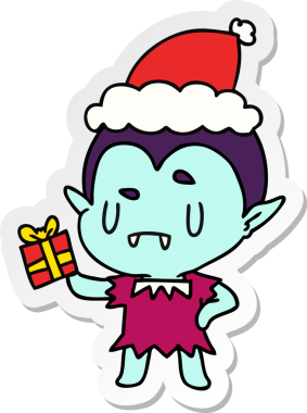 Bir insan tarafından çizilmiş kawaii vampirinin el çizimi Noel çıkartması.