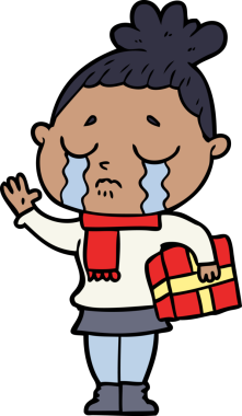 Bir insan tarafından çizilmiş Noel hediyesi ile ağlayan kadın çizgi filmi.