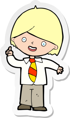 Bir insan tarafından çizilen soruyu cevaplayan karikatür okullu bir çocuğun çıkartması.