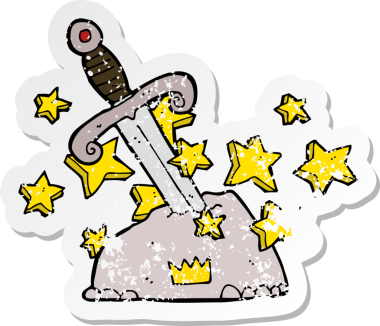 Bir insan tarafından çizilmiş taştaki büyülü bir kılıcın gerilemiş retro yapıştırması.