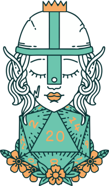 Retro Tattoo stili elf dövüşçüsü. Bir insan tarafından çizilmiş 20 zar ile.