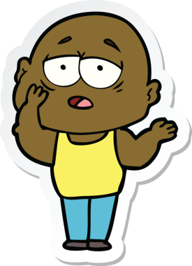 Bir insan tarafından çizilmiş, yorgun, kel bir adamın çıkartması.