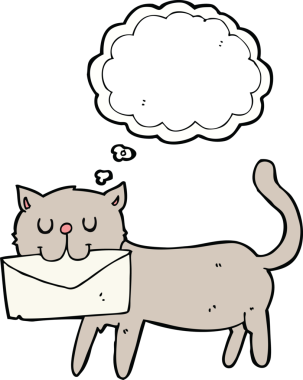 Bir insan tarafından çizilmiş düşünce baloncuklu mektup taşıyan çizgi film kedisi.