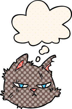 Çizgi roman tarzında bir insan tarafından çizilmiş sert kedi yüzlü çizgi film karakteri.