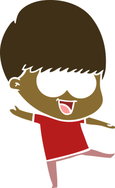 Bir insan tarafından çizilmiş mutlu düz renkli çizgi film çocuğu.