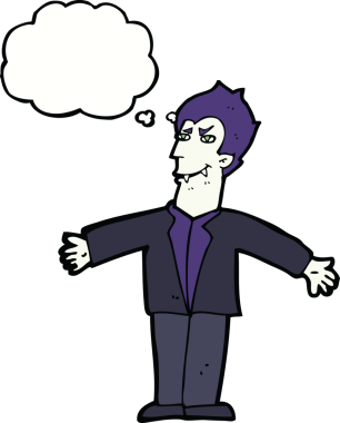 Bir insan tarafından çizilmiş düşünce balonuyla kollarını açmış vampir bir çizgi film karakteri.