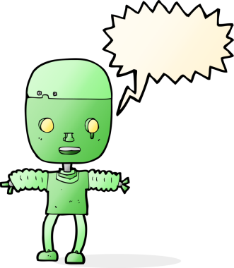 Bir insan tarafından çizilmiş konuşma balonu olan çizgi film robotu.