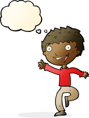 Bir insan tarafından çizilmiş düşünce baloncuğu olan heyecanlı çocuk.