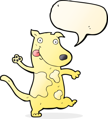 bir insan tarafından çizilmiş konuşma balonlu mutlu bir köpek.