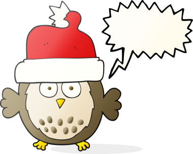 Bir insan tarafından çizilmiş noel şapkası giyen serbest konuşma balonu karikatürü baykuşu.