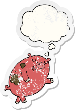 Düşünce baloncuklu dans eden domuz dertli bir çıkartma gibi bir insan tarafından çizilmiş.