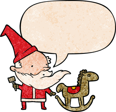 karikatür noel baba (veya elf) bir insan tarafından çizilmiş retro doku ile konuşma baloncuğu ile sallanan bir at yapıyor