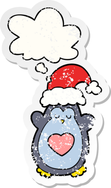 Düşünce baloncuğu olan sevimli noel pengueni insan tarafından çizilmiş yıpranmış bir çıkartma.